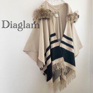 美品✨ダイアグラム ショール ボーダー フード ファー ポンチョ-