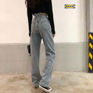 ザラ(ZARA)の【送料無料】足長効果♪ ハイウエストデニムパンツ レース 大学生 韓国 きれいめ(デニム/ジーンズ)