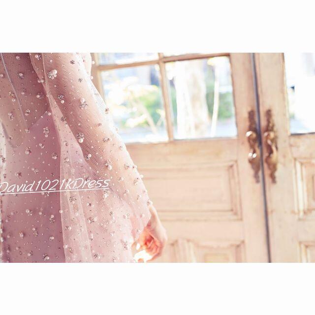 高品質！   豪華！  ピンクカラードレス   パール  トレーン  結婚式   レディースのフォーマル/ドレス(ウェディングドレス)の商品写真