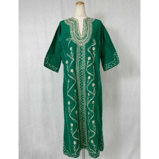 KARASUヴィンテージC865 used vintage 刺繍 グリーン ロング ワンピース ドレス