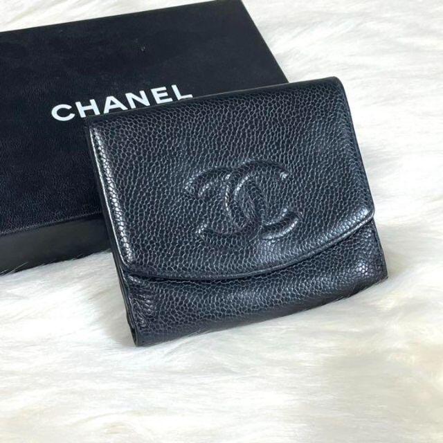 CHANEL シャネル キャビアスキン Wホック 折り財布 ココマーク