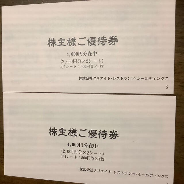 クリエイトレストランツ株主優待　8000円分