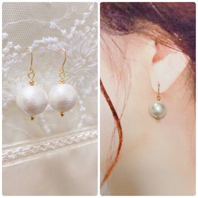 ハンドメイド☆コットンパールピアス　ゴールドフィルドk14 ハンドメイドのアクセサリー(ピアス)の商品写真