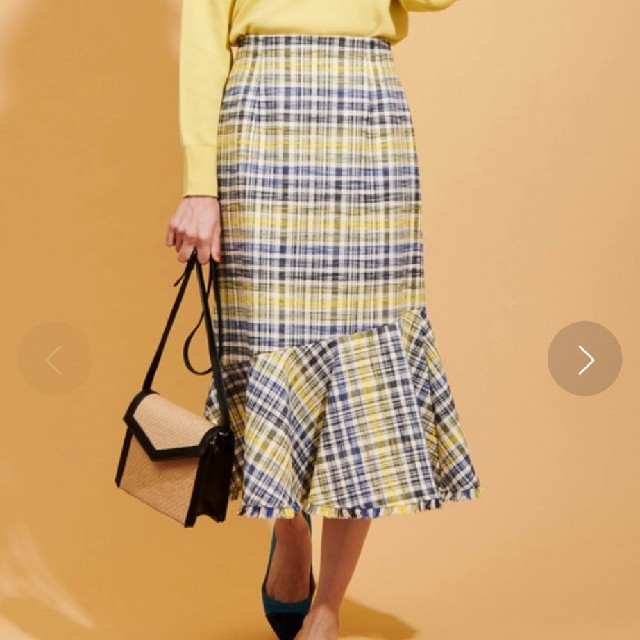 裏地ポリエステル100％新品ザ ヴァージニア 黄×青イタリアサマーツイードチェックマーメイドスカート36