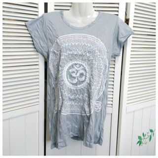 曼荼羅柄Tシャツ　グレー　M　ヨガウェア　エスニック　綿100%　しわ加工(ヨガ)