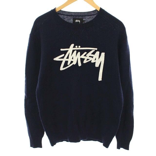 STUSSY - ステューシー セーター ニット ロゴ クルーネック 長袖 L 紺