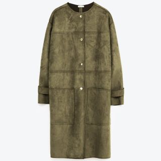 ザラ(ZARA)のZARA フェイクスエード ノーカラー コート カーキ(ロングコート)