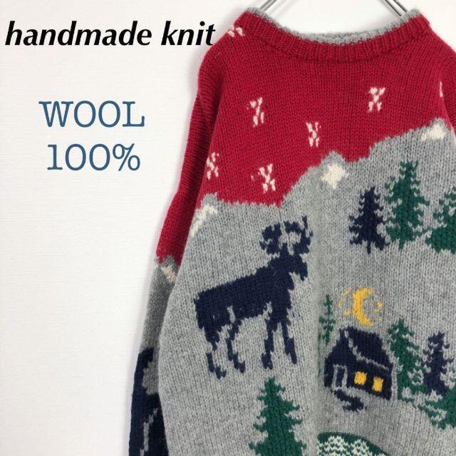 にゃーにゃknitV10-1290s 総柄 ウール ハンドメイド ニット セーター メンズ L ノルディック