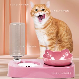 【1個】犬猫 自動給水 ダブルフードボウル ペット用食器 餌入れ 猫耳 ピンク(猫)