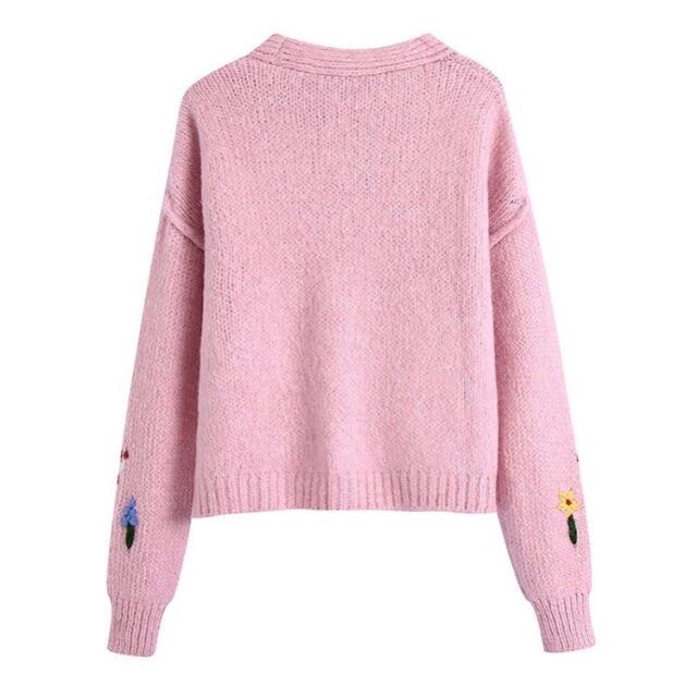 ZARA(ザラ)の🍁11月新作🍠6808◆pink エンブロイダリー刺繍 花 ニット カーディガン レディースのトップス(カーディガン)の商品写真