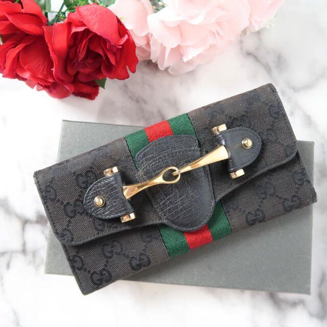 s391 GUCCI グッチ 長財布 シェリーラインGGキャンバス黒ブラック