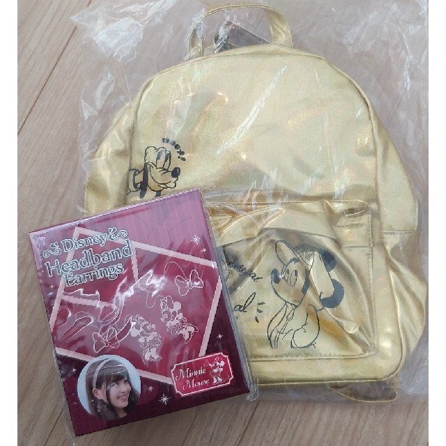 キラキラ☆ミッキーゴールドリュック＆ヘアバンドイヤリングミニー キッズ/ベビー/マタニティのこども用バッグ(リュックサック)の商品写真