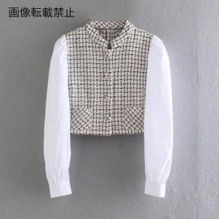 ザラ(ZARA)の🍁11月新作🍠6828◆クロップド丈 ツイード 切り替え ブラウス(シャツ/ブラウス(長袖/七分))