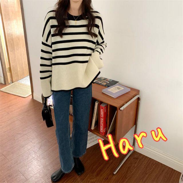 <新品美品>レディースゆったりストライプニット　セーター　ルーズ　定番　Haru