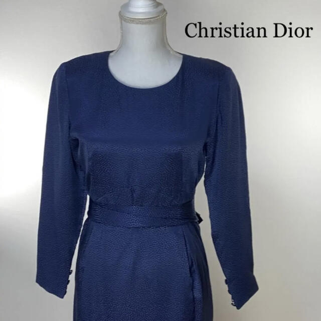 Christian Dior(クリスチャンディオール)のクリスチャンディオール　ワンピース　紺　ネイビー　レトロ　ドット レディースのワンピース(ひざ丈ワンピース)の商品写真