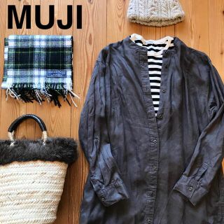 ムジルシリョウヒン(MUJI (無印良品))の無印良品 フレンチリネン ボタン前開き 長袖 ワンピース コート L グレー(ロングワンピース/マキシワンピース)