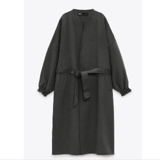 ザラ(ZARA)のZARA ベルト付き　ノーカラー  ウール 混コート(ロングコート)