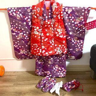 七五三 3歳 着物 被布コート 7点セット 紫 中古品(和服/着物)
