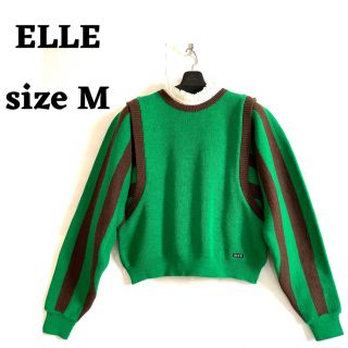 エル(ELLE)のVintage エル ELLE ニットセーター グリーン色 袖ボーダー柄 M(ニット/セーター)