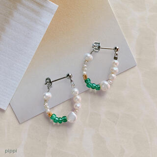 Pippi - ミックスパールフープピアス -green-