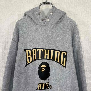 アベイシングエイプ(A BATHING APE)のエイプ/APE スウェット パーカー　3段ロゴプリント　グレー　スナップボタン(パーカー)