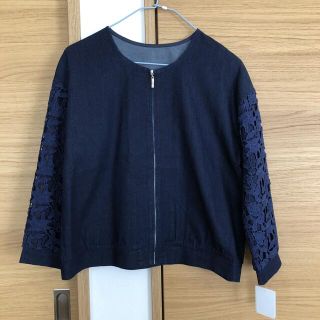 GIPSY BLUE  ノーカラー 袖レース デニムブルゾン (新品)(ノーカラージャケット)