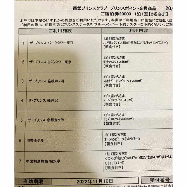 プリンスホテル宿泊券 20000p 1枚【送料無料ﾗｸﾏ補償】 チケットの優待券/割引券(宿泊券)の商品写真