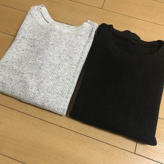 ユニクロ(UNIQLO)のユニクロ ワッフルクルーネックT 長袖 グレー ブラック S(Tシャツ/カットソー(七分/長袖))