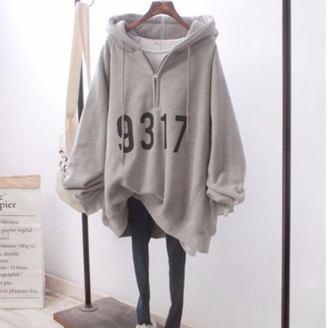 数字 パーカー グレー XL ゆったり オーバーサイズ ナンバー ロゴ 韓国