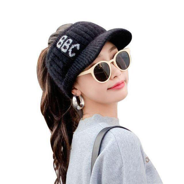ニット帽　サンバイザー　ゴルフ　帽子　ニット帽子　ブラック　ゴルフ帽子　韓国 レディースの帽子(ニット帽/ビーニー)の商品写真