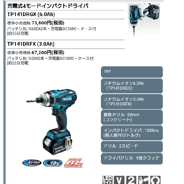 お買得 オンラインショップさくらマキタ 4モード インパクトドライバTP141 18V 青 トルク150Nm 6Ahバッテリ2本 充電器付