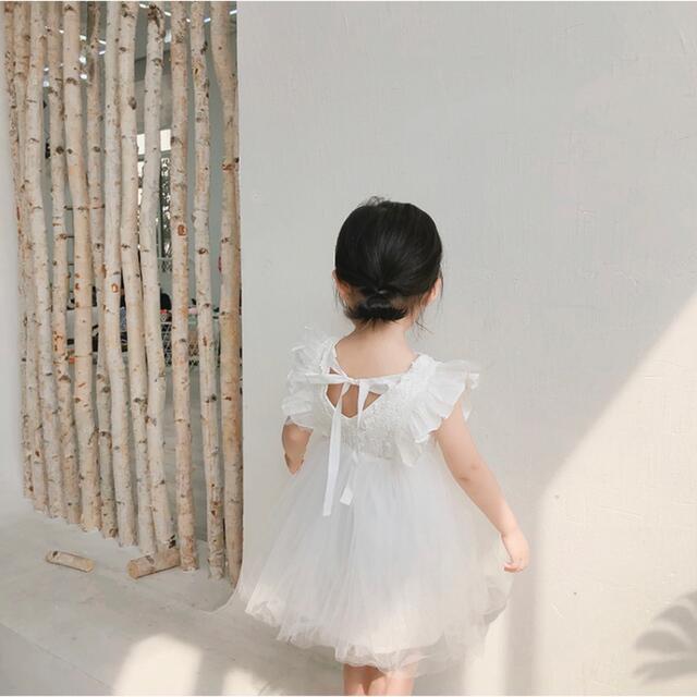 ♡ バックリボン ワンピース ♡ 110 新品 レース チュール ホワイト キッズ/ベビー/マタニティのキッズ服女の子用(90cm~)(ワンピース)の商品写真