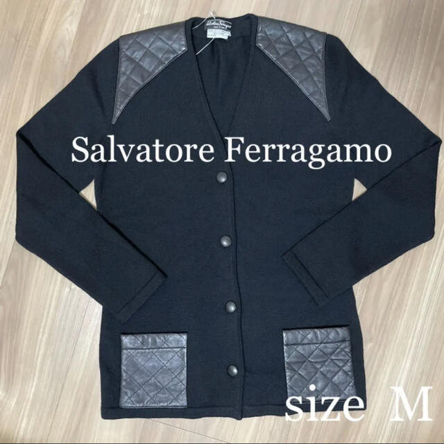 【美品】Ferragamo レザーデザイン カーディガン