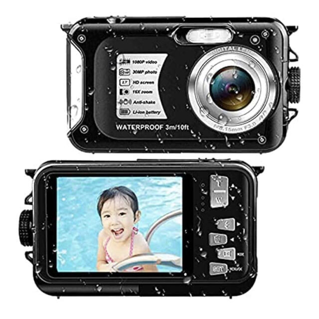 デジカメ 防水 防塵 水中カメラ 子供用防水カメラ小型 フルHD 1080P 黒