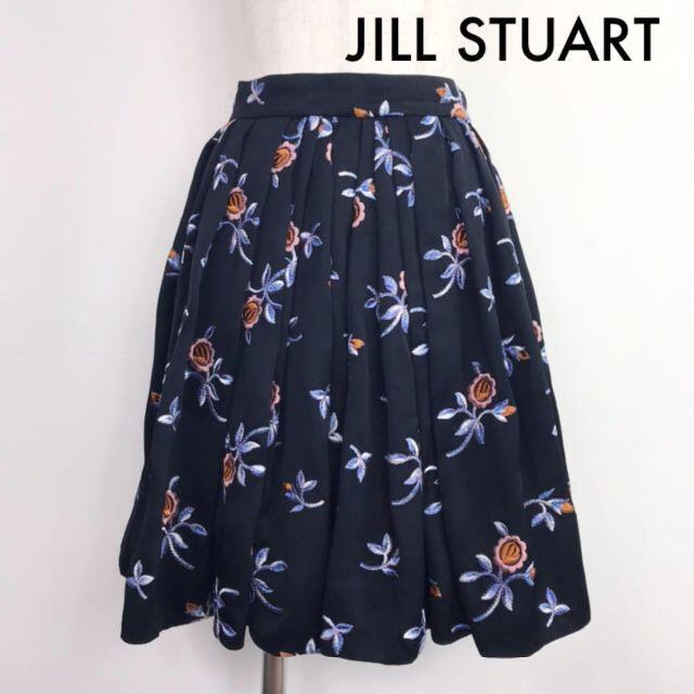 ジルスチュアート JILL STUART 膝上丈 花柄刺繍 タックフレアスカート