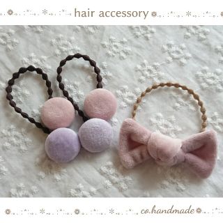 3点セット♡ベルベット ピンクパープル♡リボン&くるみボタンヘアゴム♡プチギフト(ファッション雑貨)