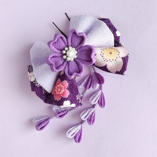 七五三つまみ細工髪飾りリボン&桜・紫(ヘアアクセサリー)