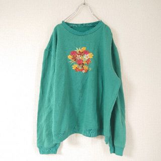 刺繍スウェット　花柄　グリーン(トレーナー/スウェット)