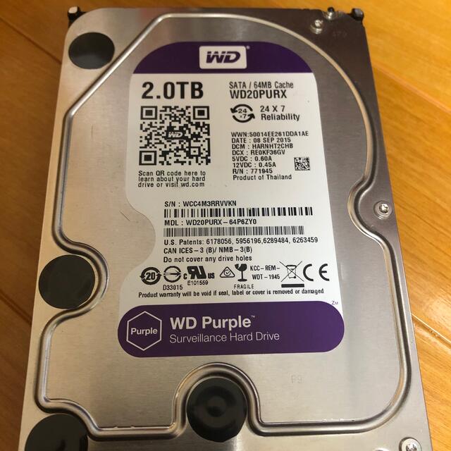 中古 WD Purple WD20PURX 2TB HDD スマホ/家電/カメラのPC/タブレット(PCパーツ)の商品写真