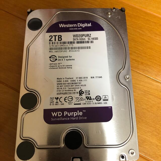 使用2063時間 中古 WD Purple WD20PURZ 2TB HDD スマホ/家電/カメラのPC/タブレット(PCパーツ)の商品写真