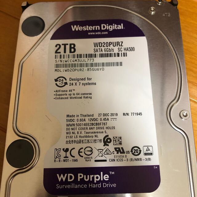 使用2063時間 中古 WD Purple WD20PURZ 2TB HDD スマホ/家電/カメラのPC/タブレット(PCパーツ)の商品写真