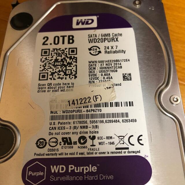 中古 WD Purple WD20PURX 2TB HDD スマホ/家電/カメラのPC/タブレット(PCパーツ)の商品写真