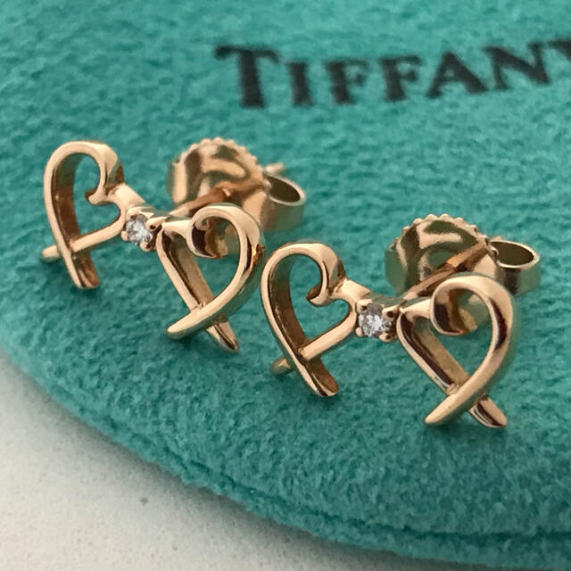 Tiffany K18PG ダブル ラビングハート ダイヤモンド ピアス 美品
