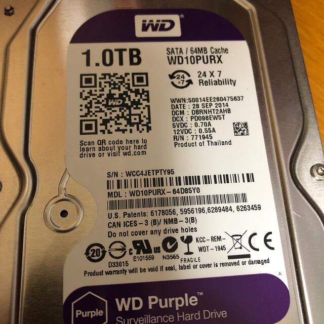 中古 WD Purple WD10PURX 1TB HDD スマホ/家電/カメラのPC/タブレット(PCパーツ)の商品写真