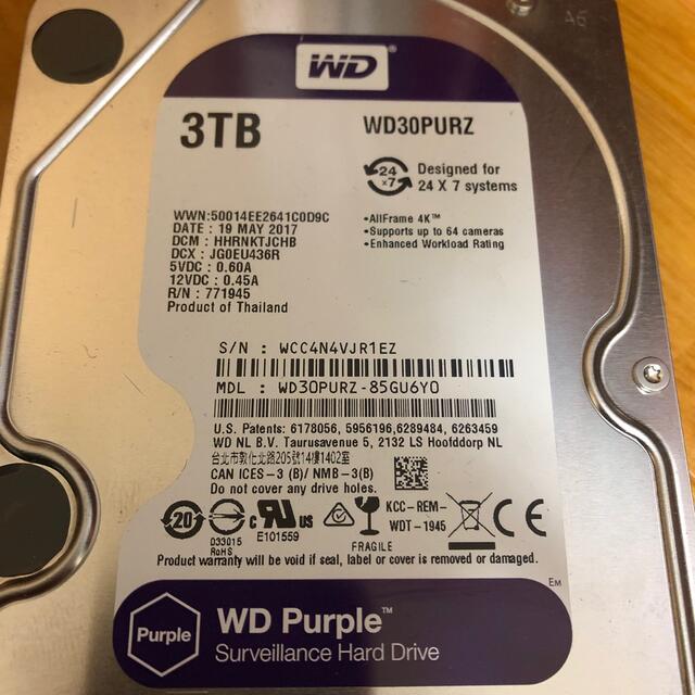 中古 WD Purple WD30PURZ 3TB HDD スマホ/家電/カメラのPC/タブレット(PCパーツ)の商品写真