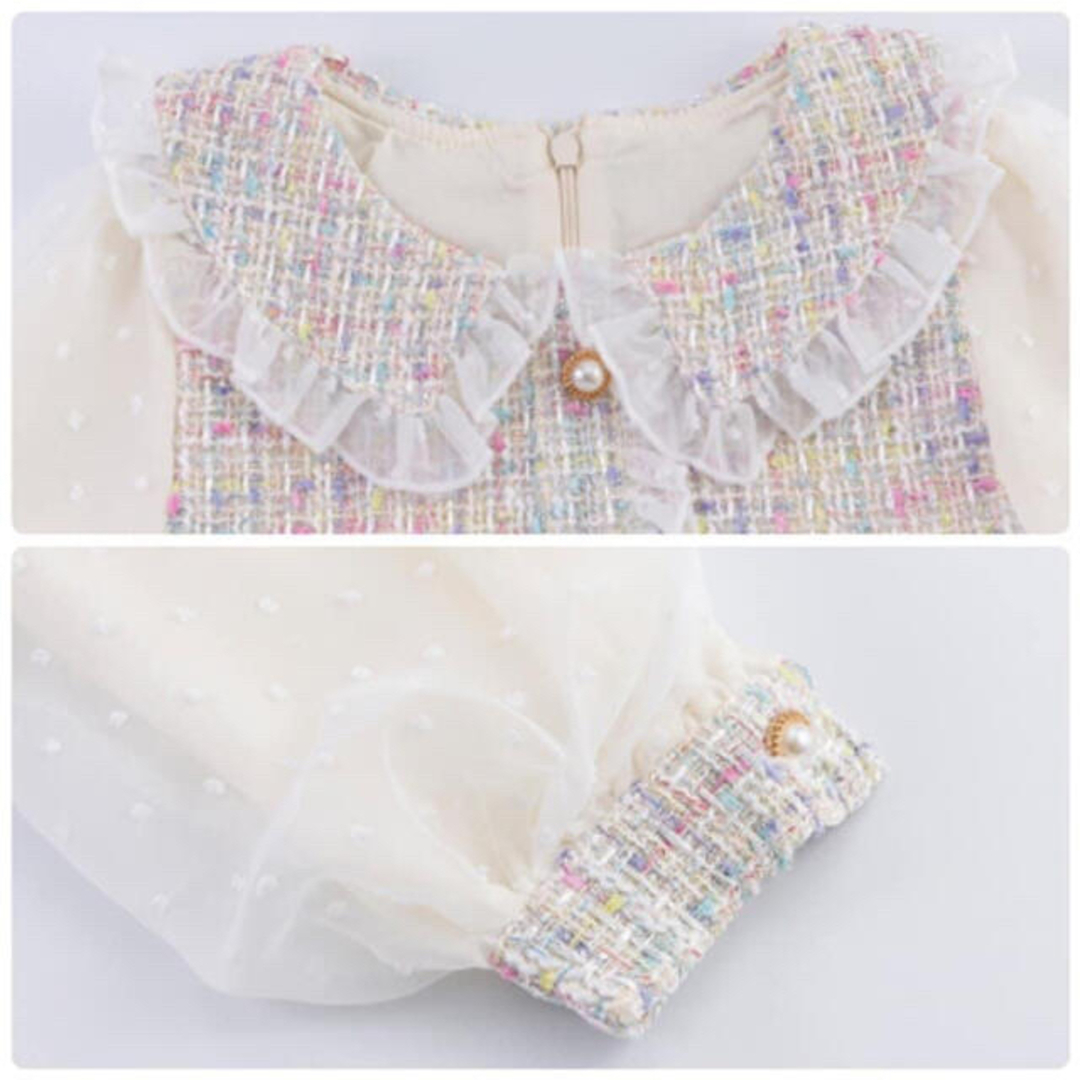 ♡ ツイード風 ワンピース ♡ 110 新品 白 フォーマル キッズ 女の子 キッズ/ベビー/マタニティのキッズ服女の子用(90cm~)(ワンピース)の商品写真