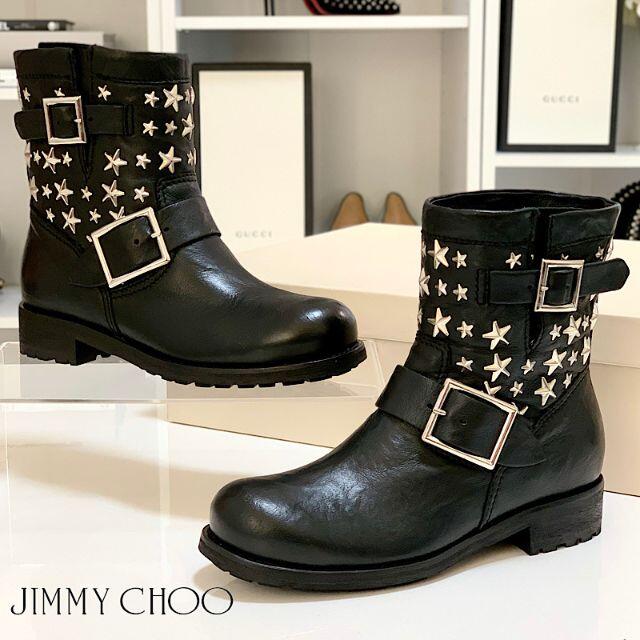 JIMMY CHOO 24.5 YOUTHエンジニアブーツ 本革 黒/AC186-