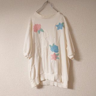 alfred dunner 半袖スウェット　アイボリー　刺繍　花柄(トレーナー/スウェット)