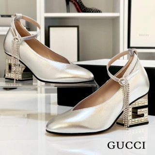 グッチ(Gucci)の3343 未使用 グッチ レザー ビジュー パンプス シルバー(ハイヒール/パンプス)