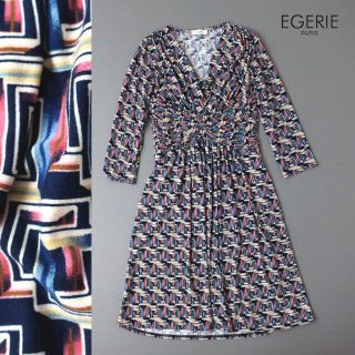 フランス製 EGERIE エジェリ　総柄アート◎カシュクール仕立ワンピース(ひざ丈ワンピース)